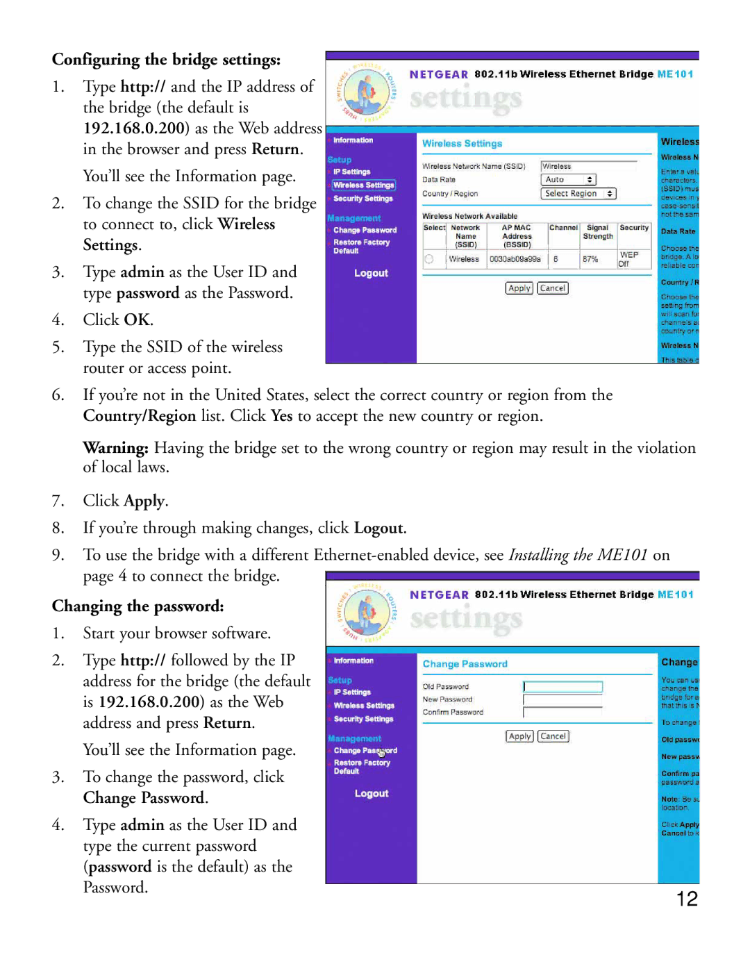 NETGEAR ME101 manual Configuring the bridge settings, Changing the password 