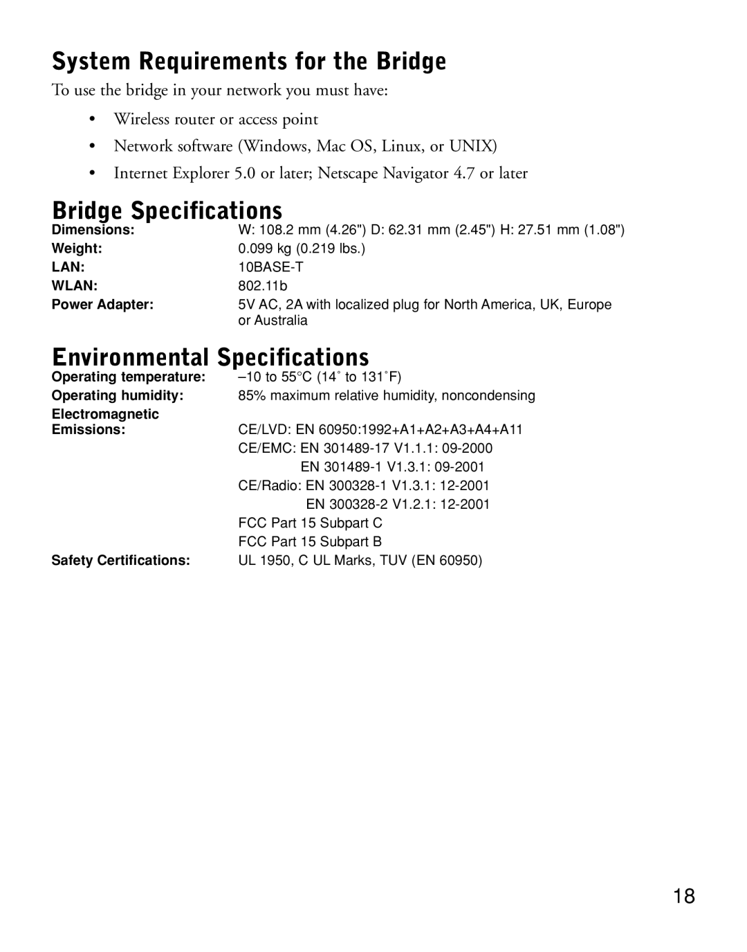 NETGEAR ME101 manual System Requirements for the Bridge, Bridge Specifications, Environmental Specifications 