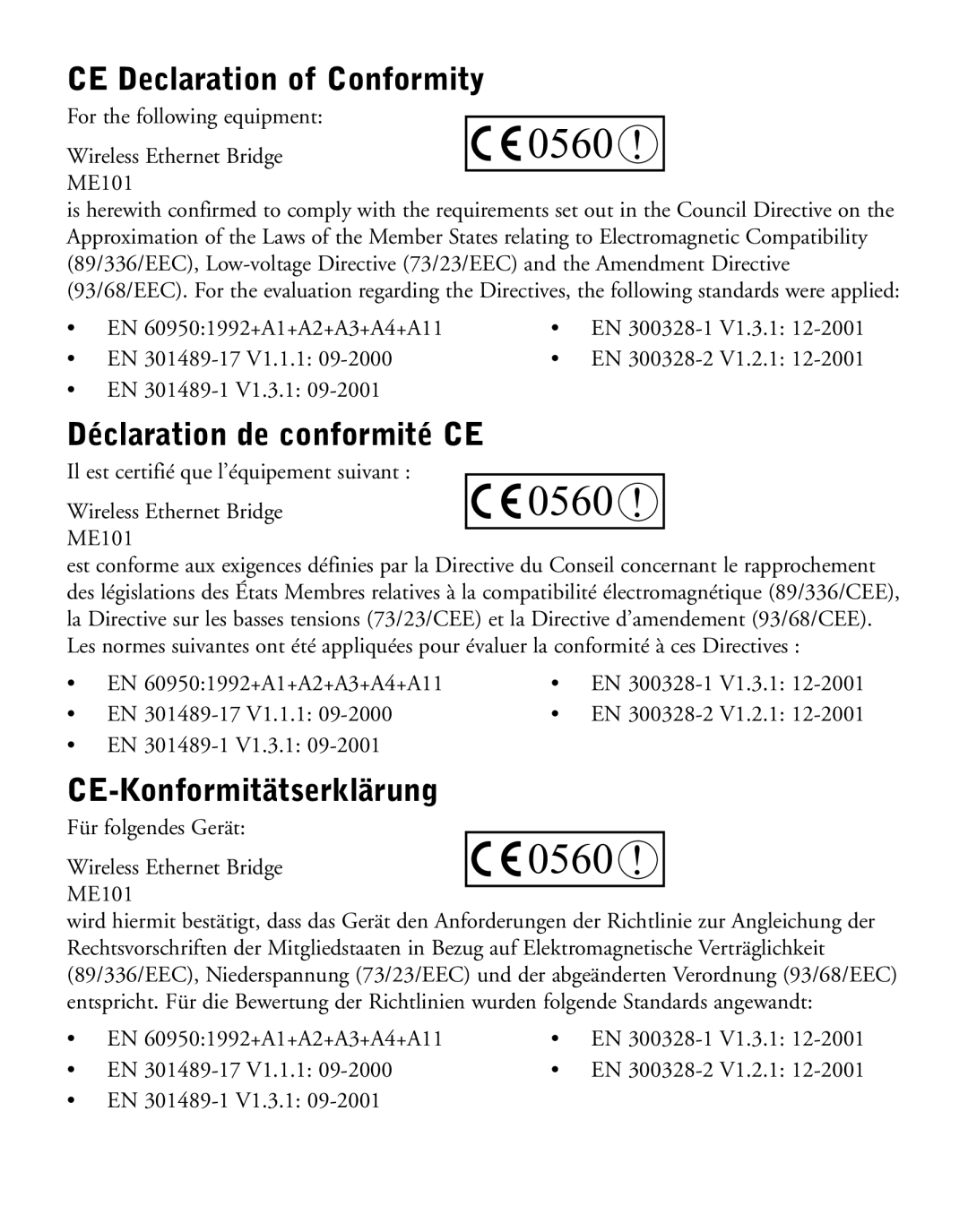 NETGEAR ME101 manual CE Declaration of Conformity, Déclaration de conformité CE, CE-Konformitätserklärung 