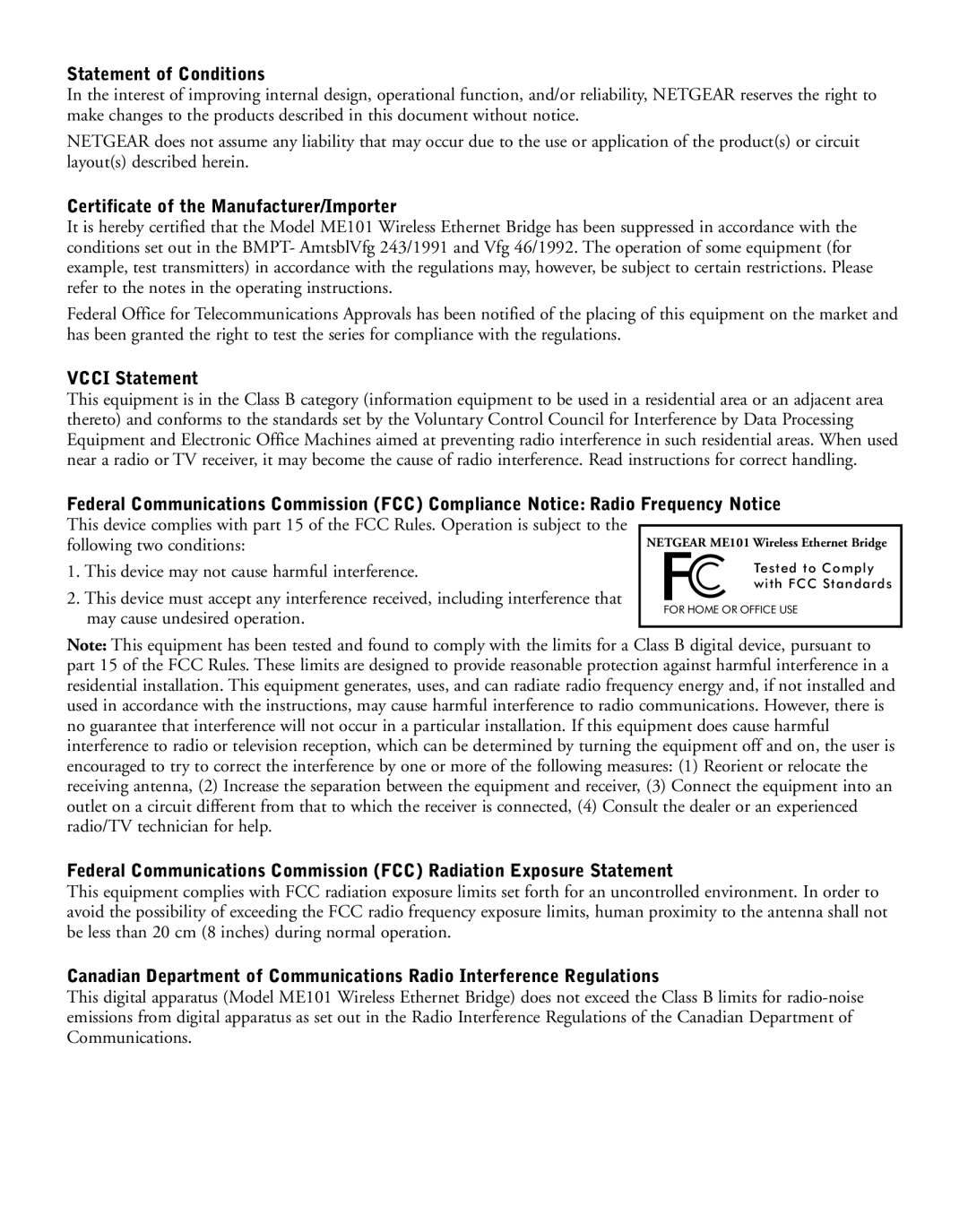 NETGEAR ME101 manual Statement of Conditions 