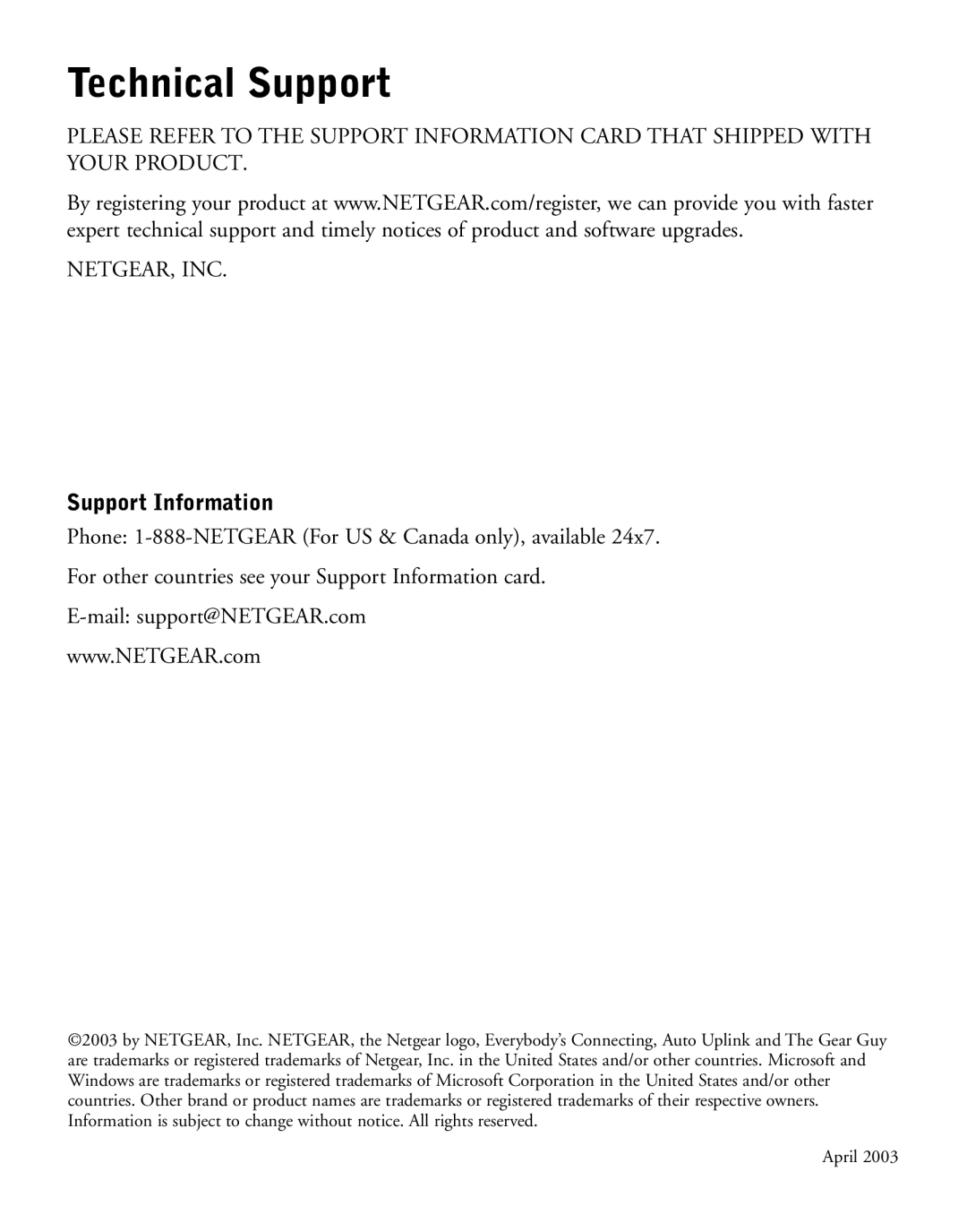 NETGEAR ME101 manual Technical Support, Support Information 