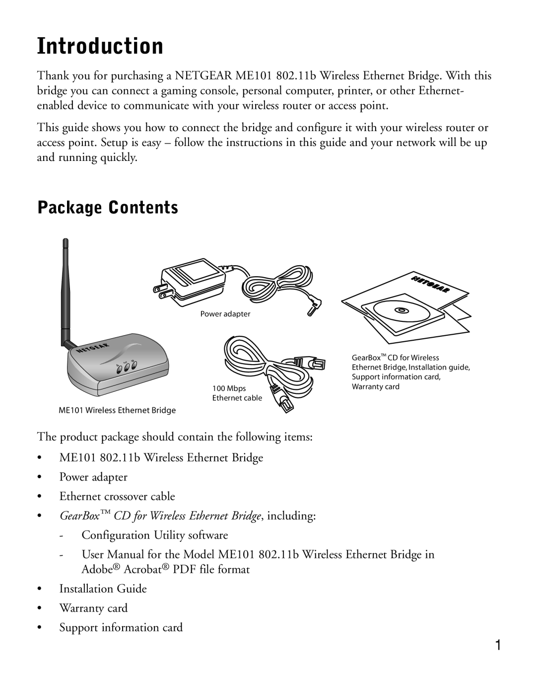 NETGEAR ME101 manual Introduction, Package Contents 