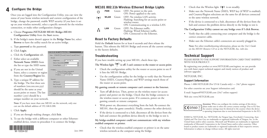 NETGEAR Technical Support, Configure the Bridge, ME101 802.11b Wireless Ethernet Bridge Lights, Troubleshooting, 0560 