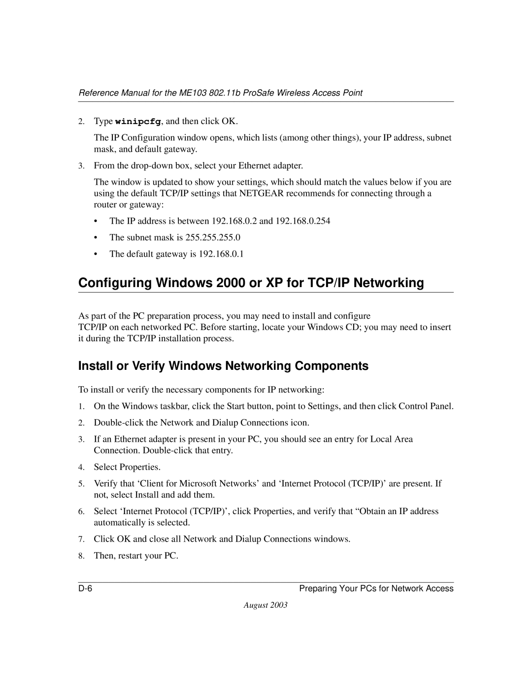 NETGEAR ME103 manual Configuring Windows 2000 or XP for TCP/IP Networking, Install or Verify Windows Networking Components 