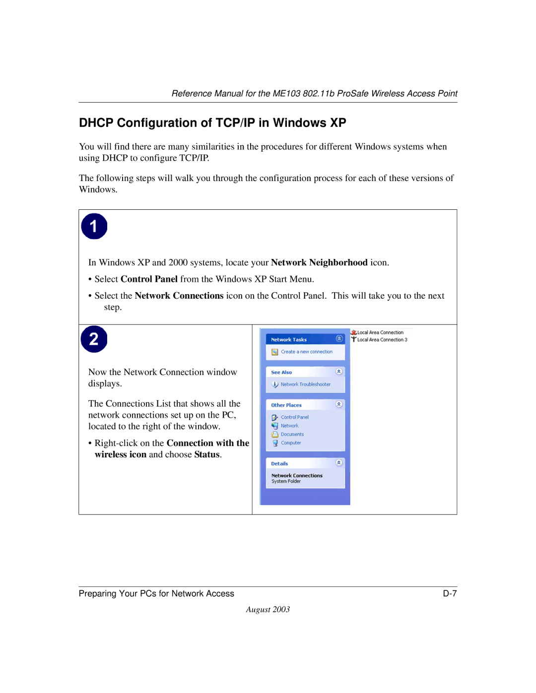 NETGEAR ME103 manual Dhcp Configuration of TCP/IP in Windows XP 