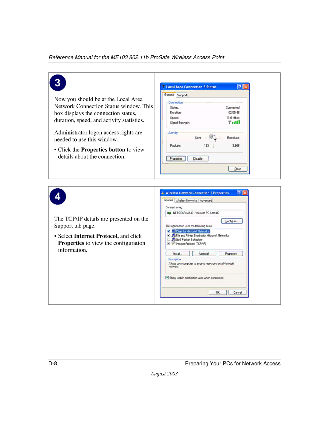 NETGEAR ME103 manual TCP/IP details are presented on Support tab 