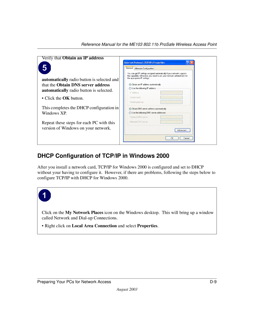 NETGEAR ME103 manual Dhcp Configuration of TCP/IP in Windows, Right click on Local Area Connection and select Properties 