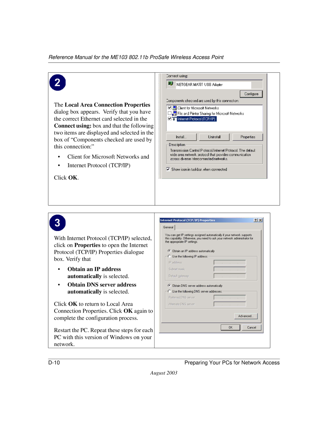 NETGEAR ME103 manual Obtain an IP address automatically is selected 