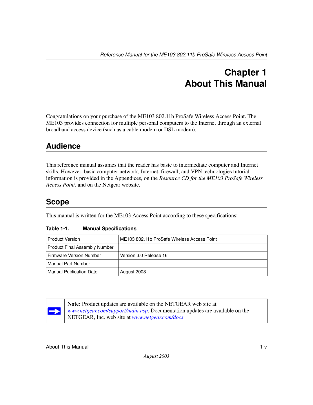 NETGEAR ME103 manual Chapter About This Manual, Audience, Scope, Manual Specifications 