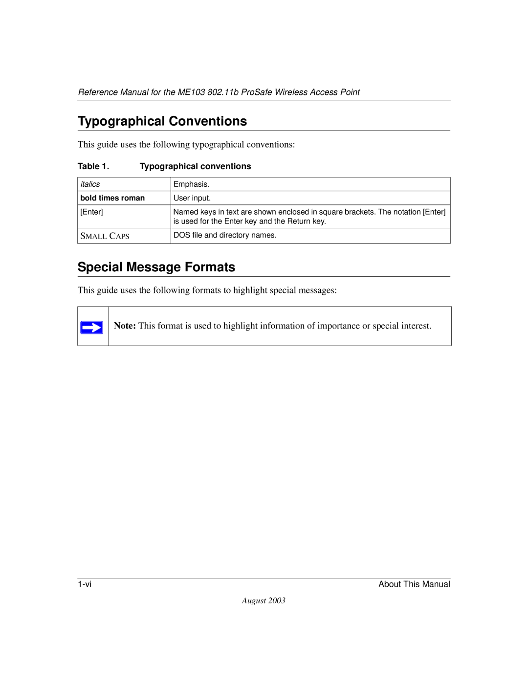 NETGEAR ME103 manual Typographical Conventions, Special Message Formats 