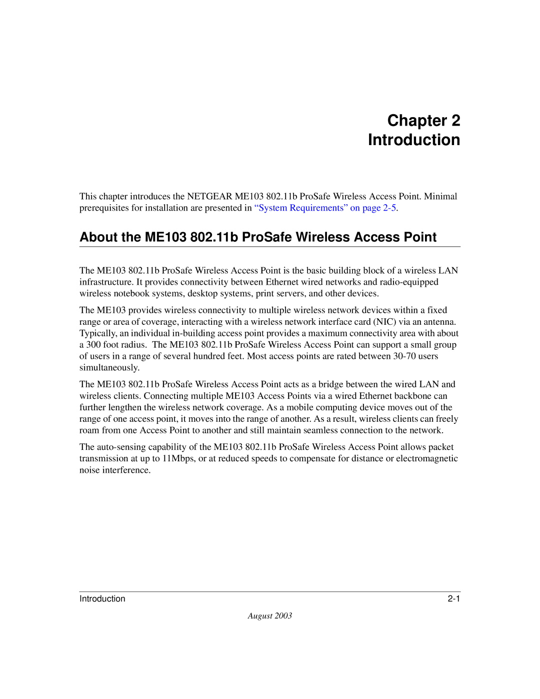 NETGEAR manual Chapter Introduction, About the ME103 802.11b ProSafe Wireless Access Point 