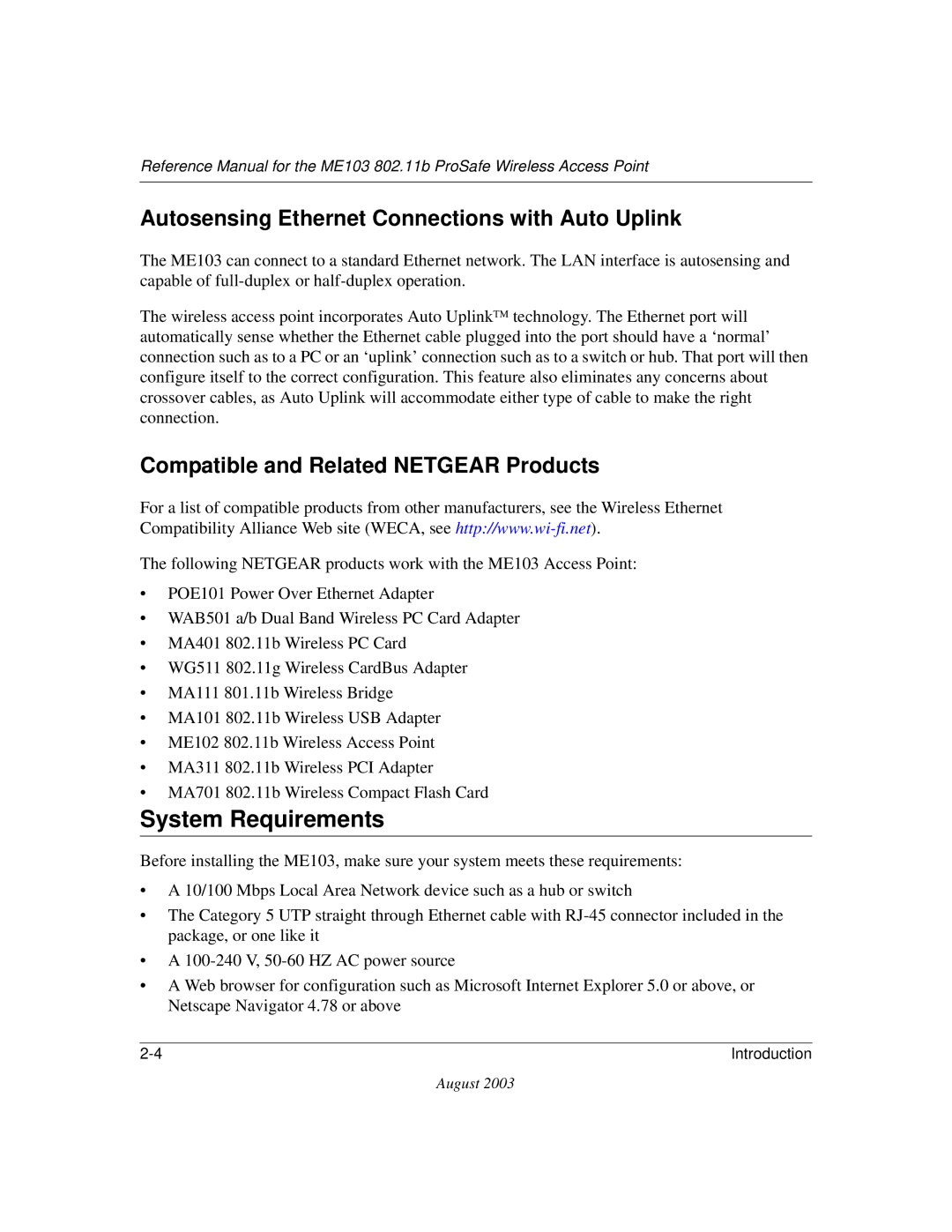 NETGEAR ME103 manual System Requirements, Autosensing Ethernet Connections with Auto Uplink 