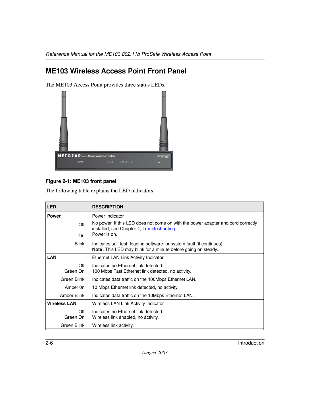 NETGEAR manual ME103 Wireless Access Point Front Panel, ME103 front panel 