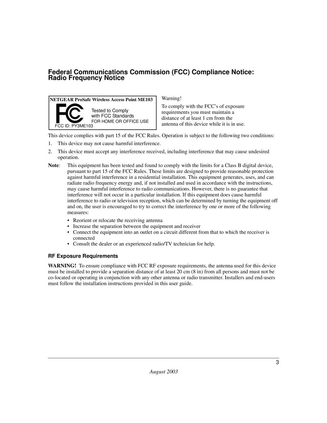 NETGEAR ME103 manual RF Exposure Requirements 