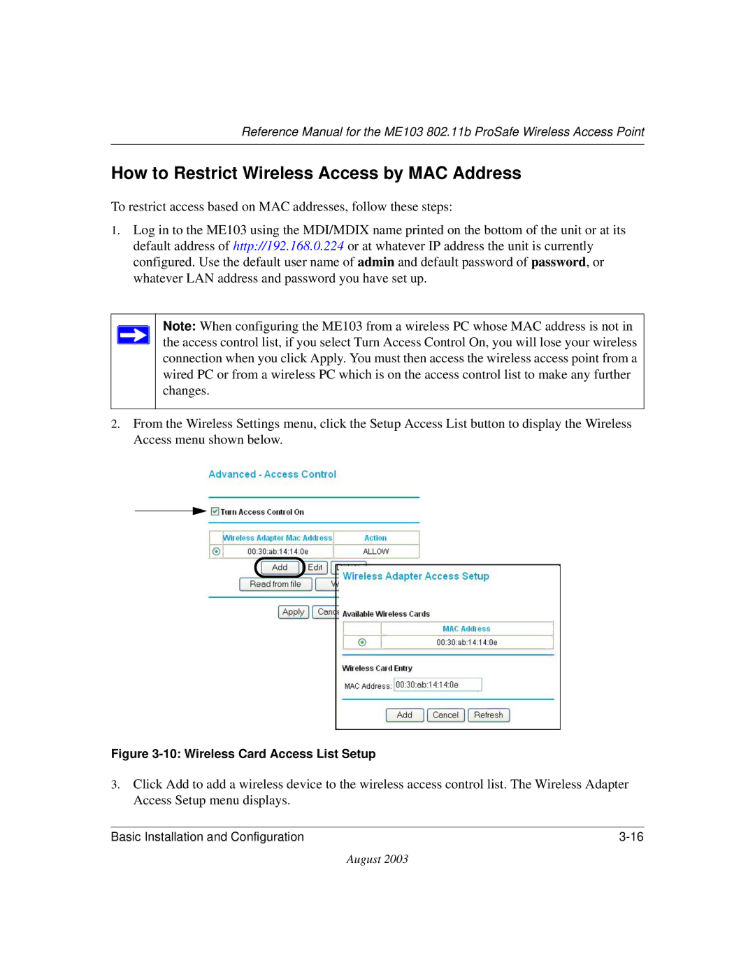 NETGEAR ME103 manual How to Restrict Wireless Access by MAC Address, Wireless Card Access List Setup 