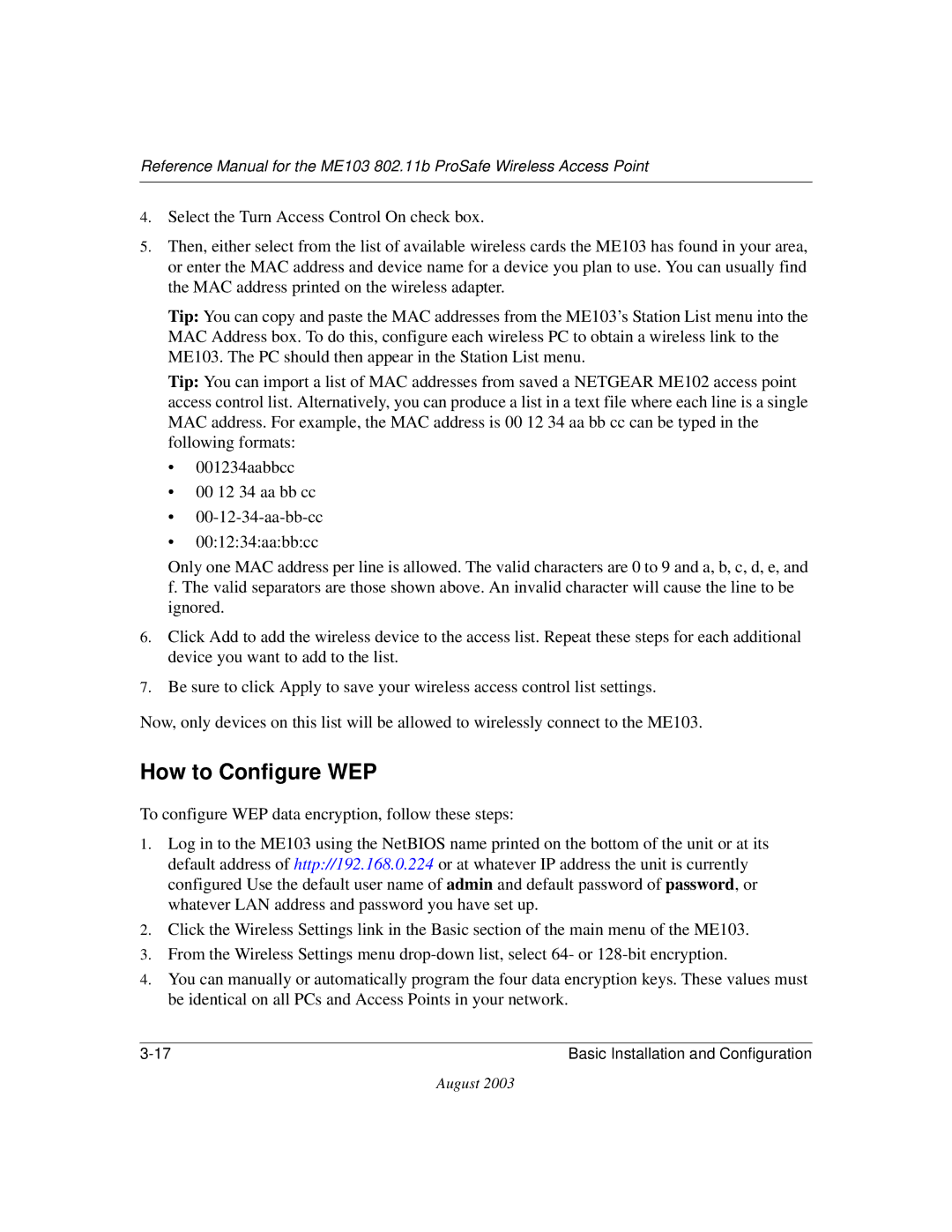 NETGEAR ME103 manual How to Configure WEP 