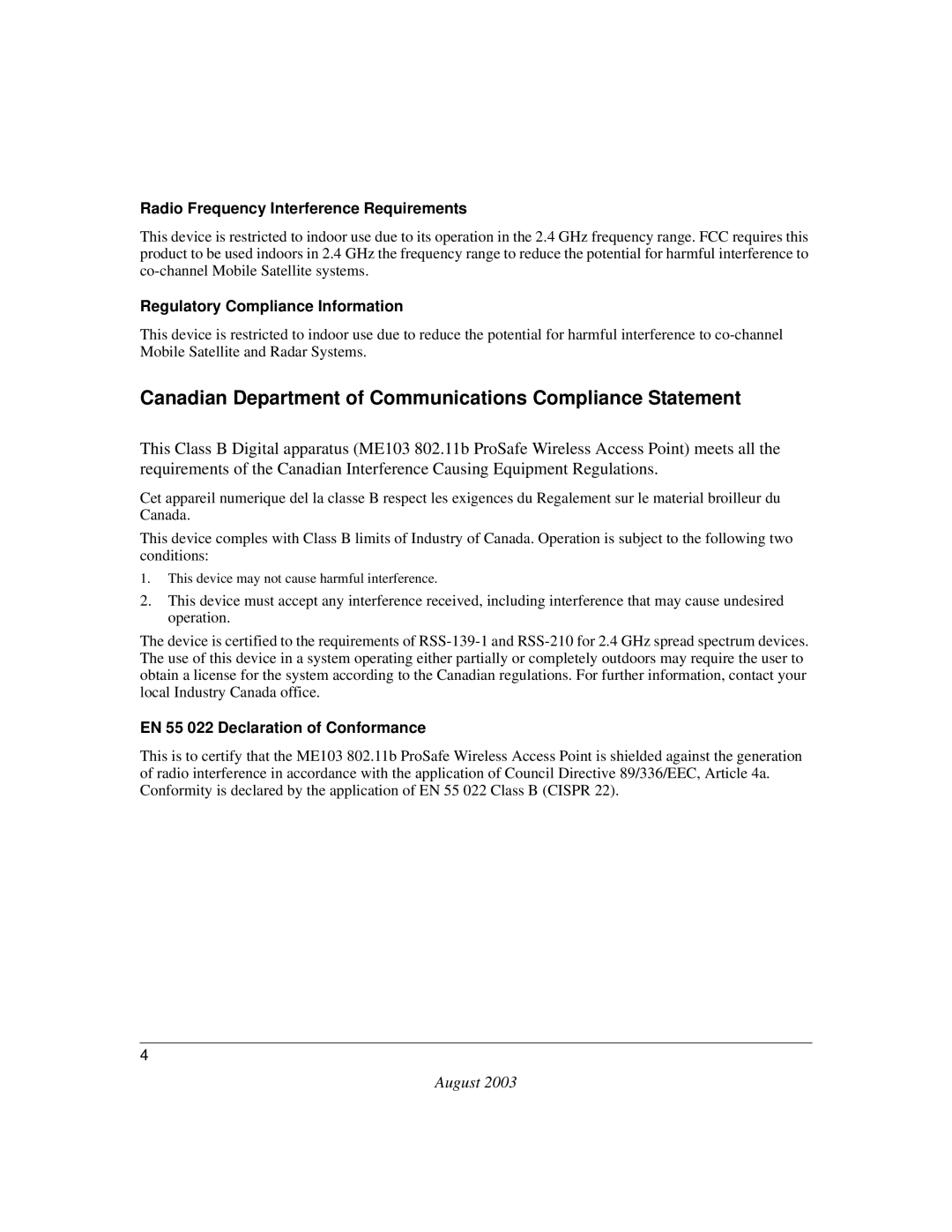 NETGEAR ME103 manual Radio Frequency Interference Requirements, Regulatory Compliance Information 