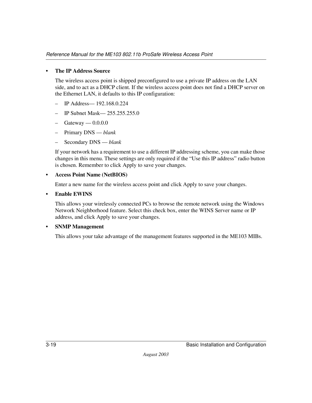 NETGEAR ME103 manual Access Point Name NetBIOS 