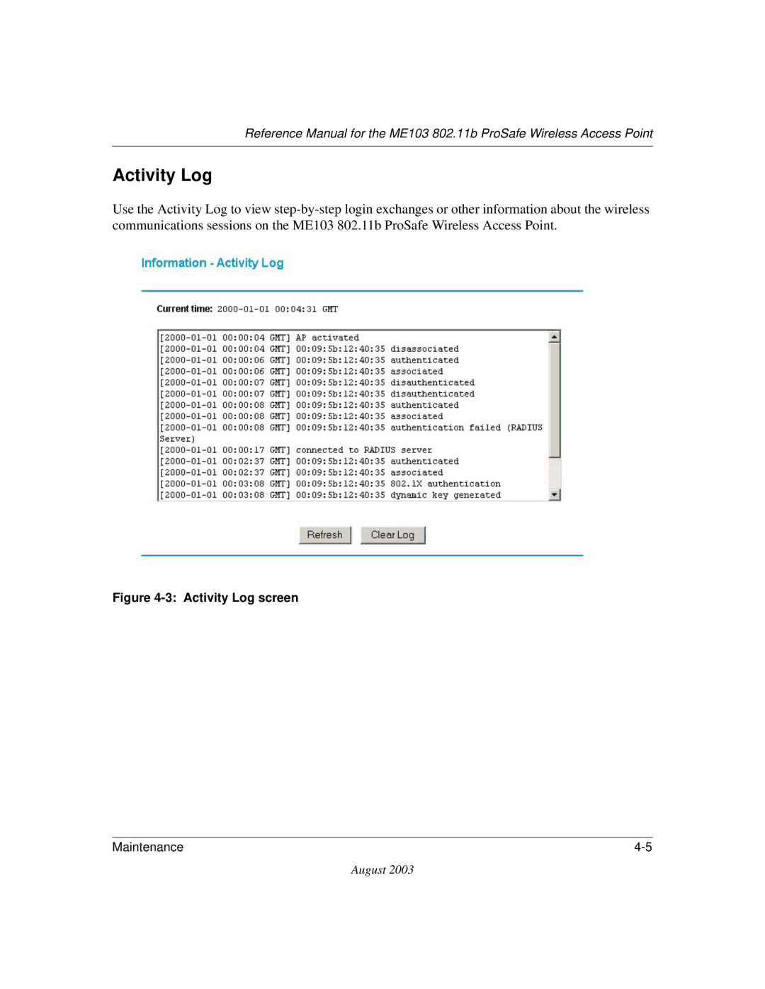 NETGEAR ME103 manual Activity Log screen 