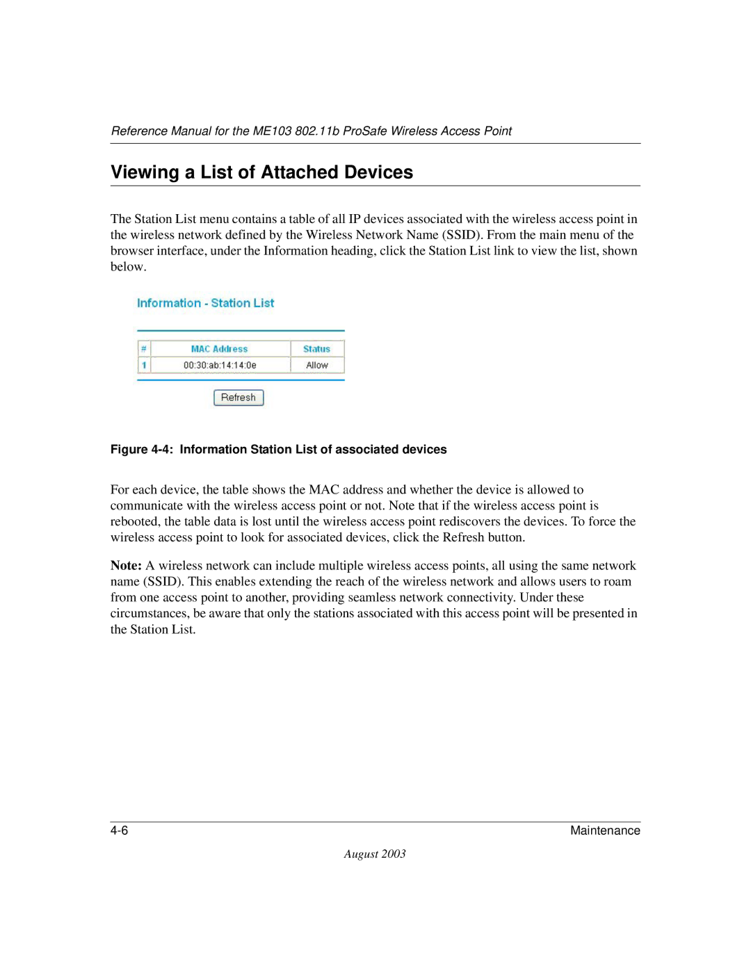 NETGEAR ME103 manual Viewing a List of Attached Devices, Information Station List of associated devices 