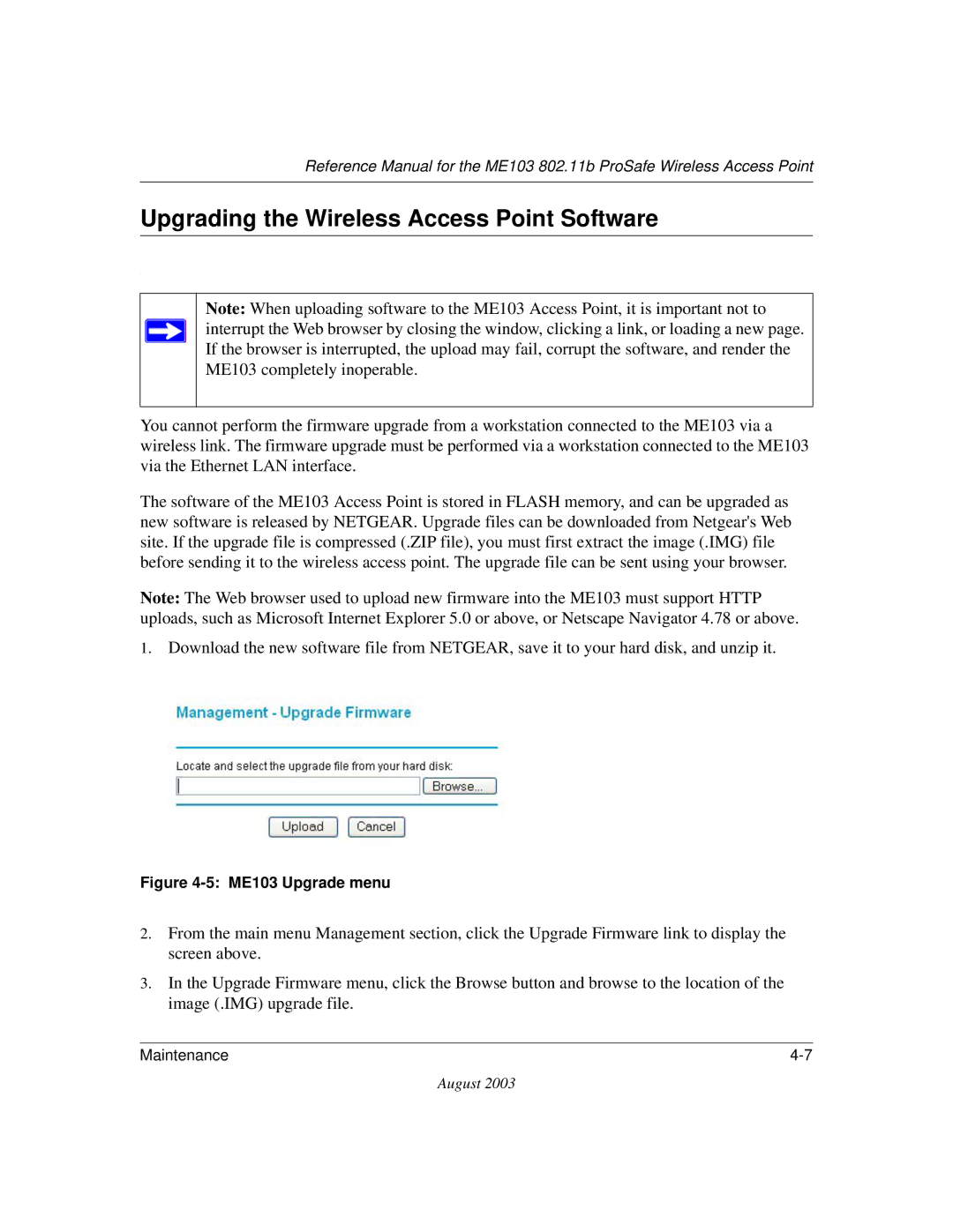 NETGEAR manual Upgrading the Wireless Access Point Software, ME103 Upgrade menu 