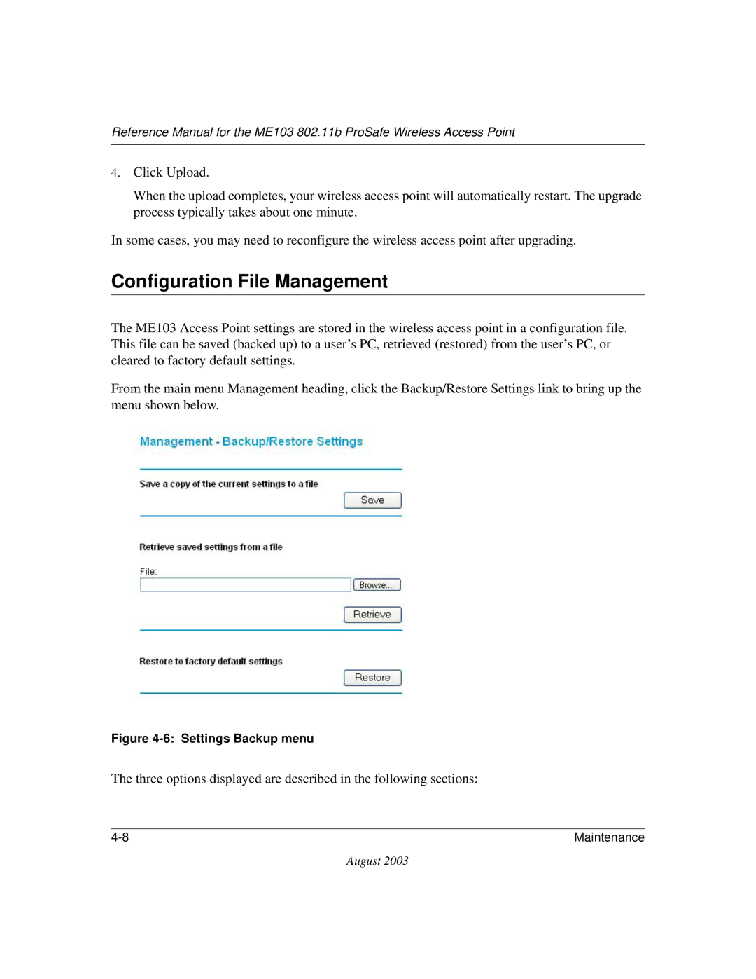 NETGEAR ME103 manual Configuration File Management, Settings Backup menu 