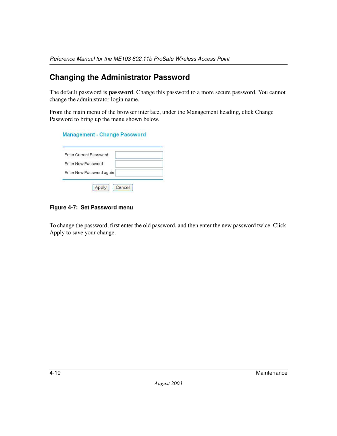 NETGEAR ME103 manual Changing the Administrator Password, Set Password menu 