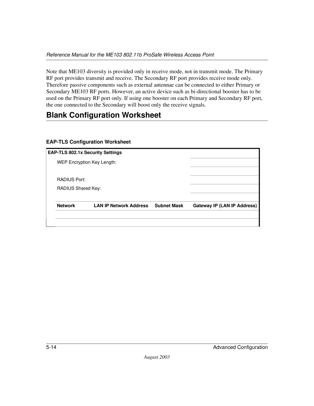 NETGEAR ME103 manual Blank Configuration Worksheet, EAP-TLS Configuration Worksheet 