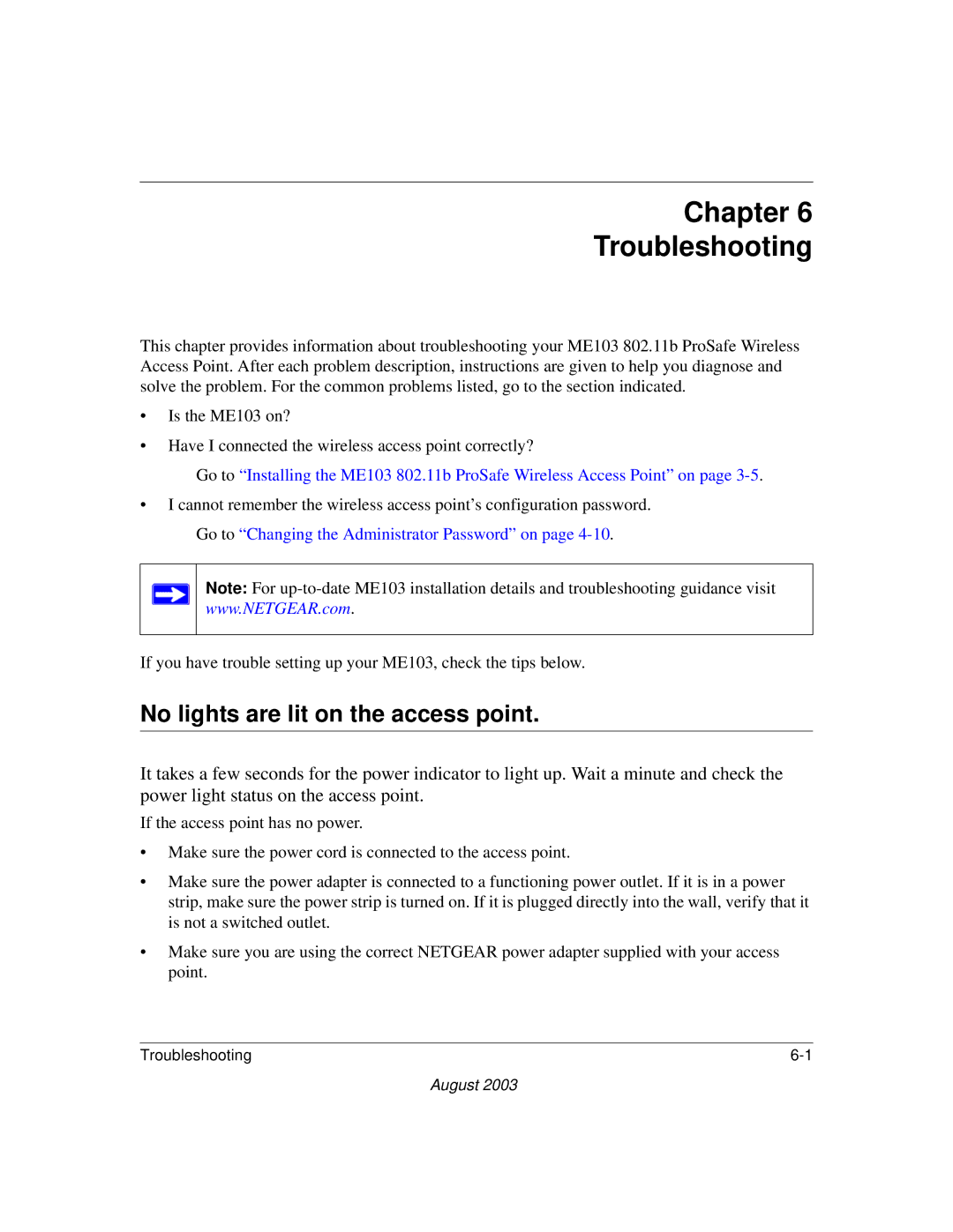 NETGEAR ME103 manual Chapter Troubleshooting, No lights are lit on the access point 