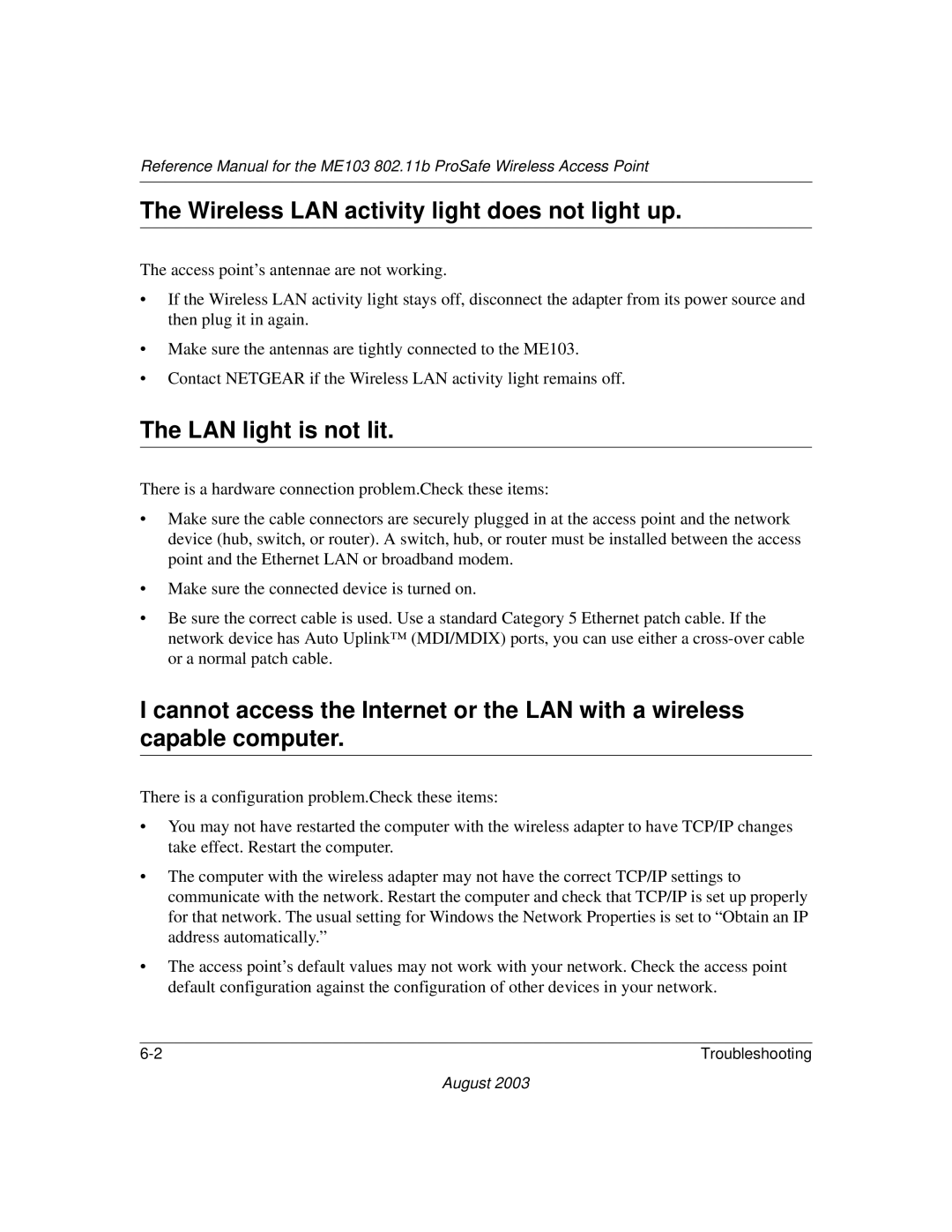 NETGEAR ME103 manual Wireless LAN activity light does not light up, LAN light is not lit 