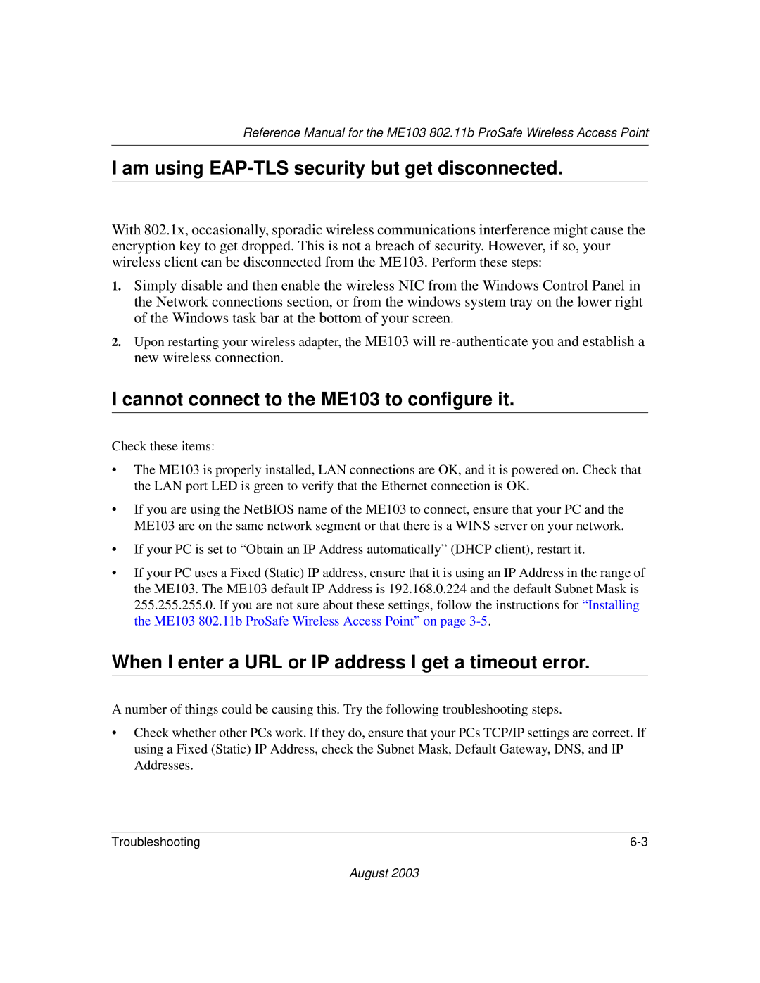 NETGEAR manual Am using EAP-TLS security but get disconnected, Cannot connect to the ME103 to configure it 