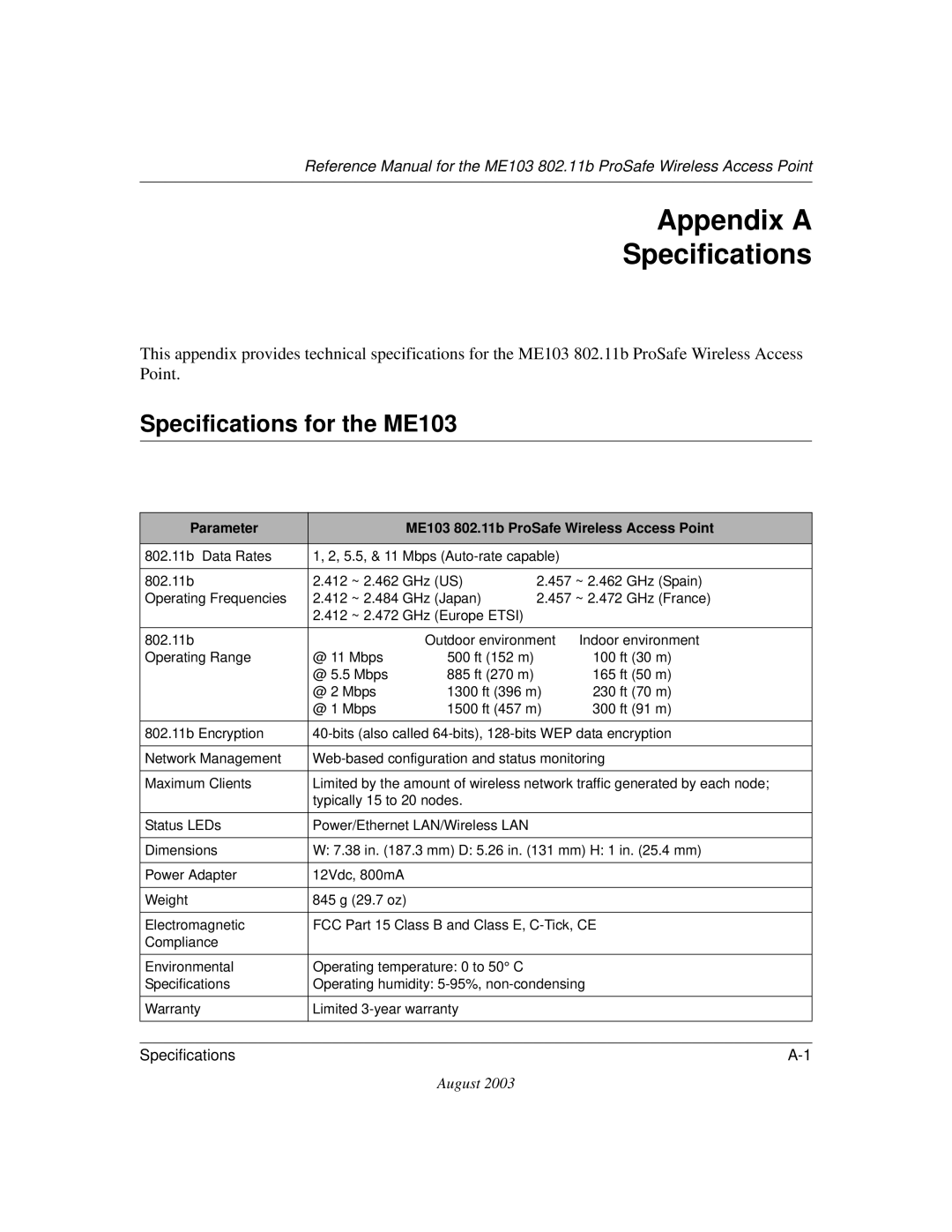 NETGEAR manual Appendix a Specifications, Specifications for the ME103 