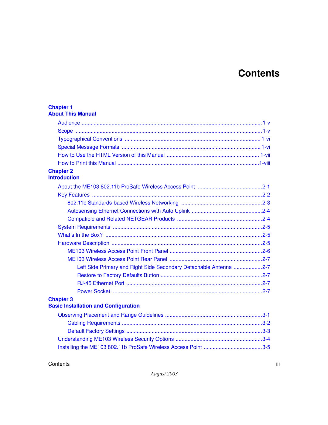 NETGEAR ME103 manual Contents 