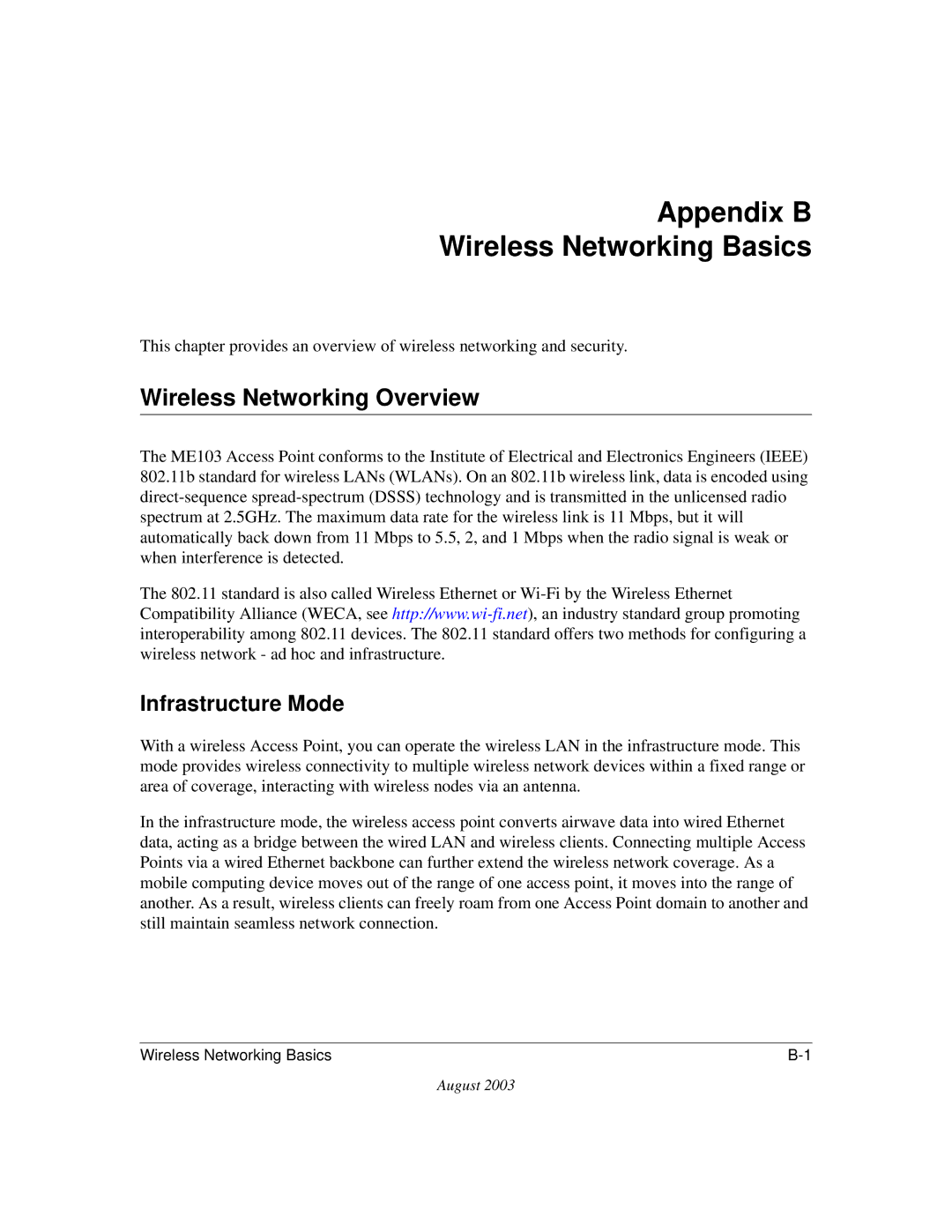 NETGEAR ME103 manual Appendix B Wireless Networking Basics, Wireless Networking Overview, Infrastructure Mode 