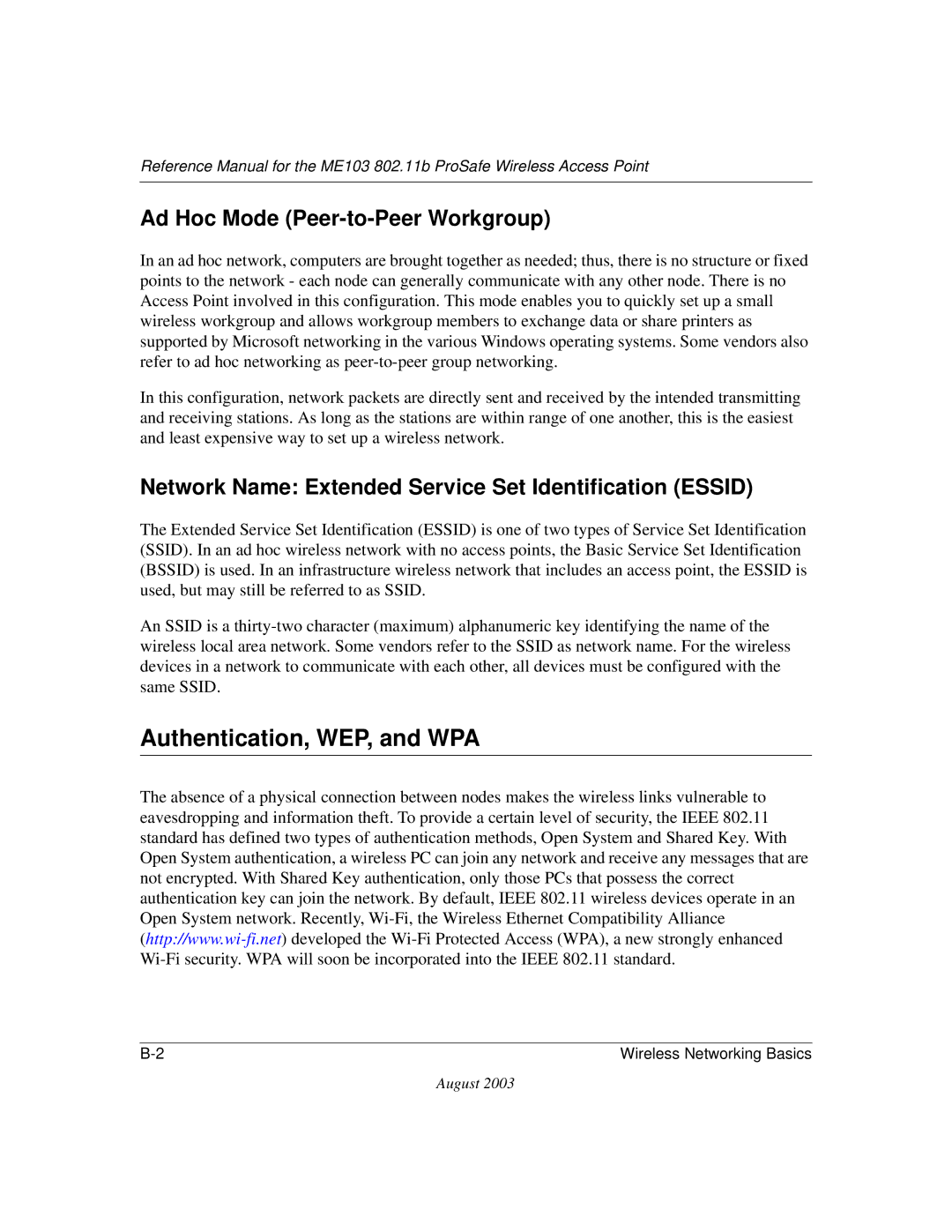 NETGEAR ME103 manual Authentication, WEP, and WPA, Ad Hoc Mode Peer-to-Peer Workgroup 