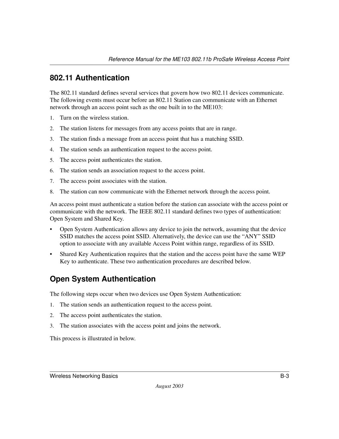 NETGEAR ME103 manual Open System Authentication 