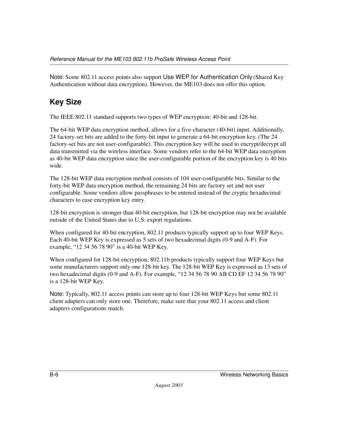 NETGEAR ME103 manual Key Size 