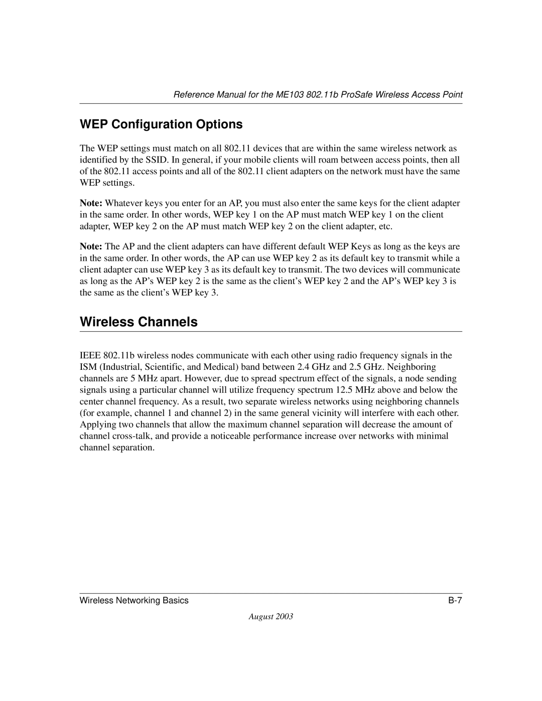 NETGEAR ME103 manual Wireless Channels, WEP Configuration Options 