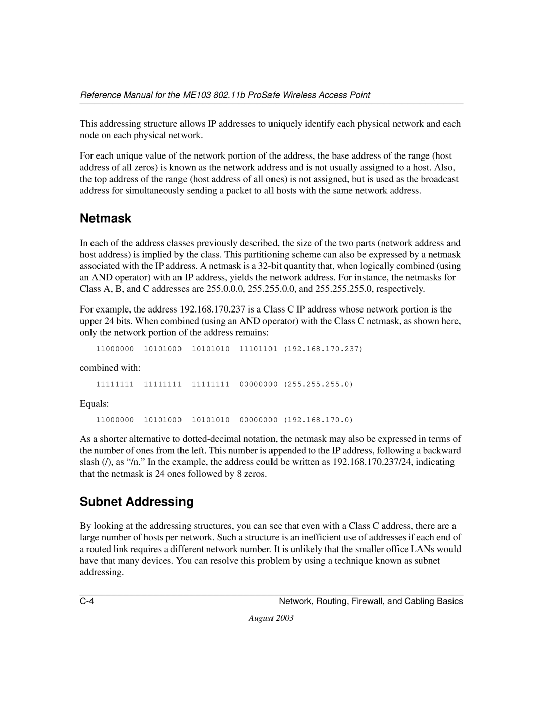 NETGEAR ME103 manual Netmask, Subnet Addressing 