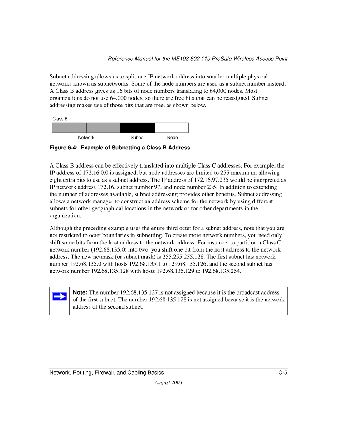 NETGEAR ME103 manual Example of Subnetting a Class B Address 