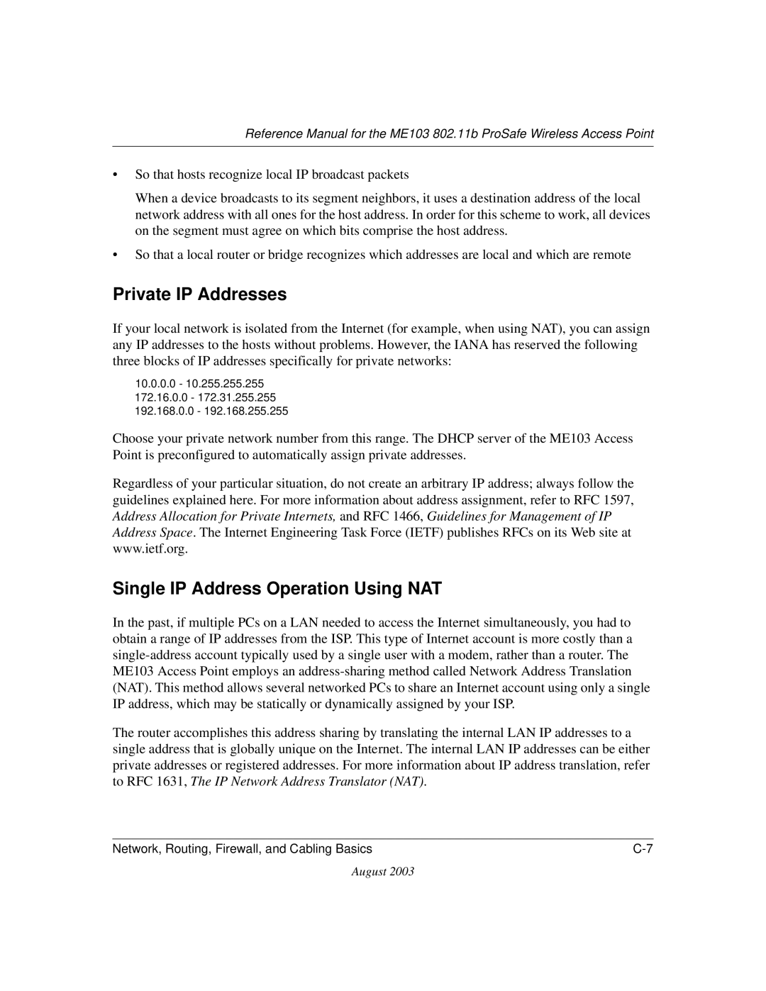 NETGEAR ME103 manual Private IP Addresses, Single IP Address Operation Using NAT 