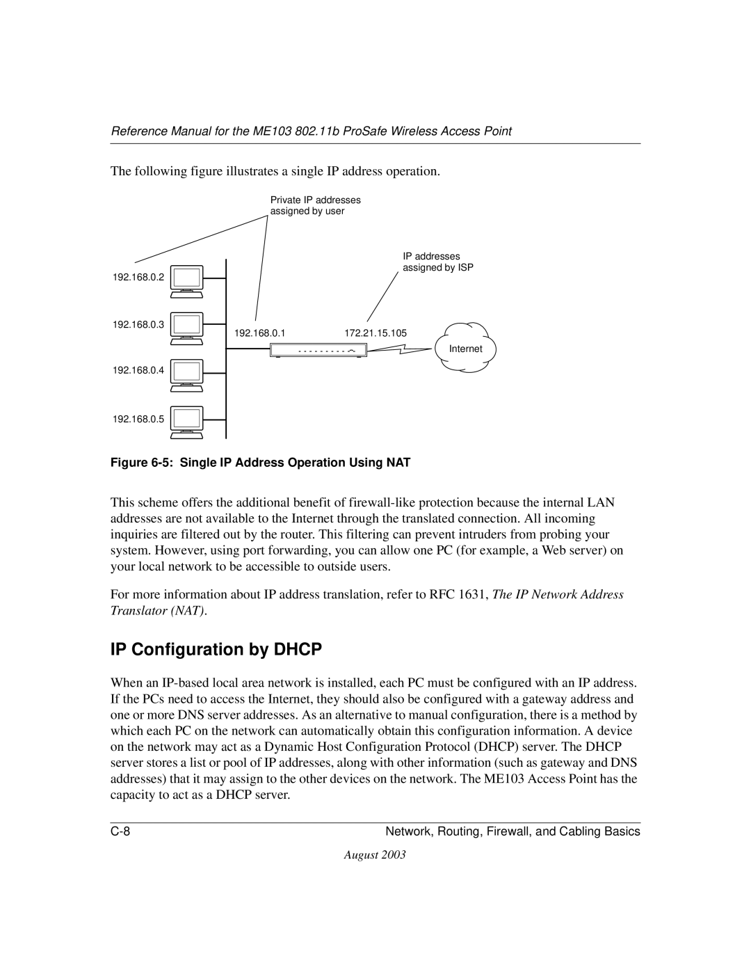 NETGEAR ME103 manual IP Configuration by Dhcp, Single IP Address Operation Using NAT 