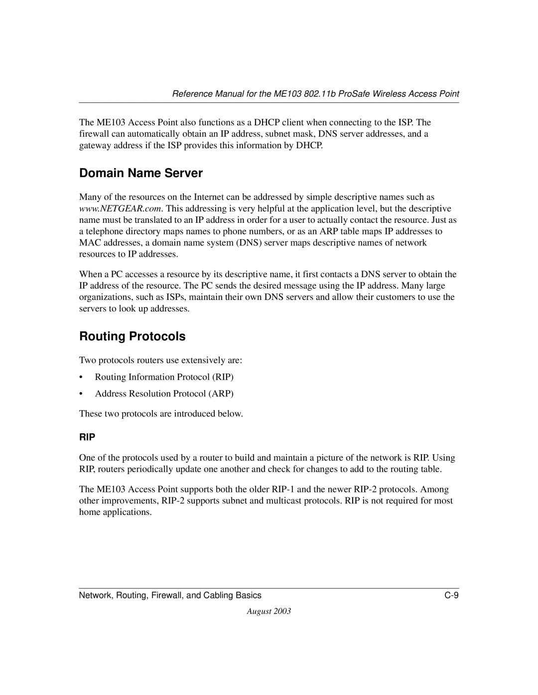 NETGEAR ME103 manual Domain Name Server, Routing Protocols 