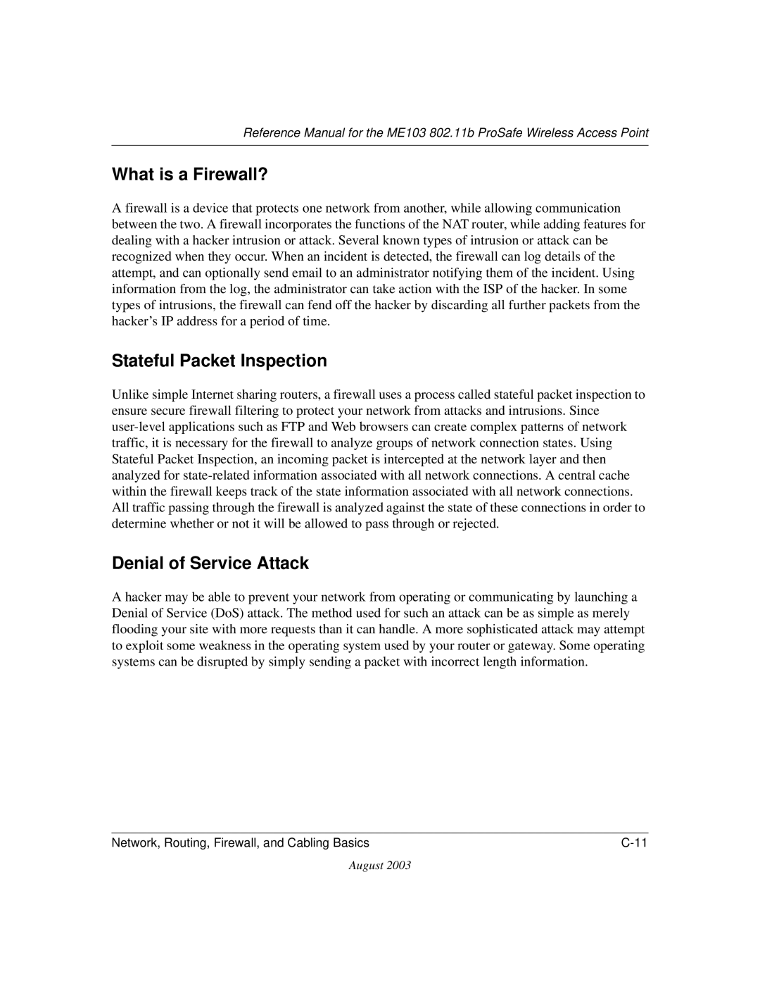 NETGEAR ME103 manual What is a Firewall?, Stateful Packet Inspection, Denial of Service Attack 