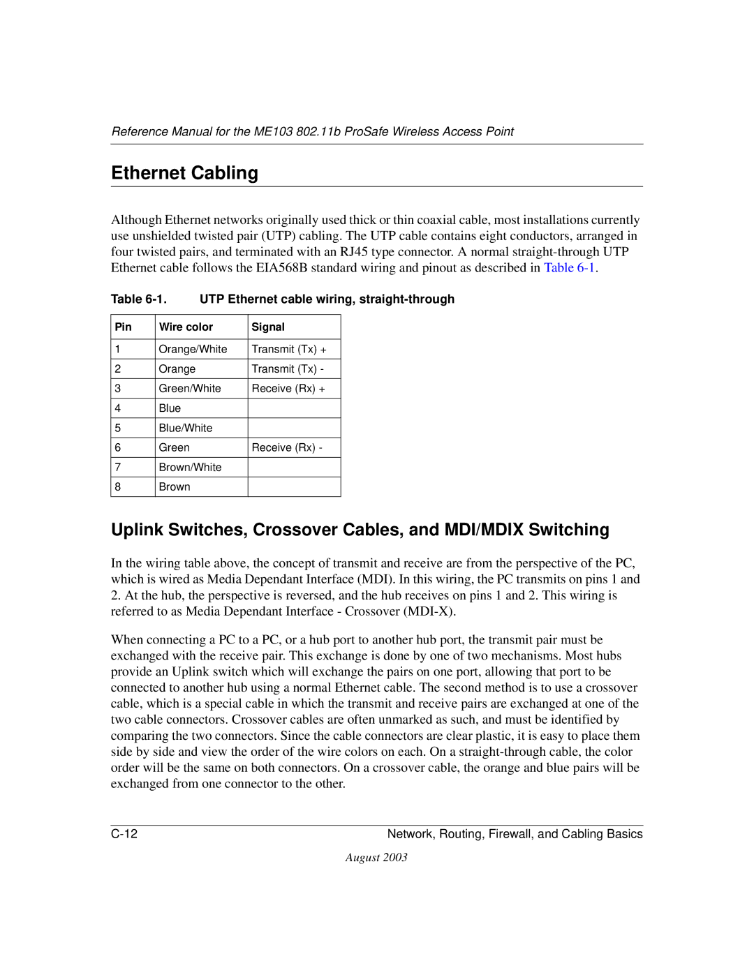 NETGEAR ME103 manual Ethernet Cabling, Uplink Switches, Crossover Cables, and MDI/MDIX Switching 