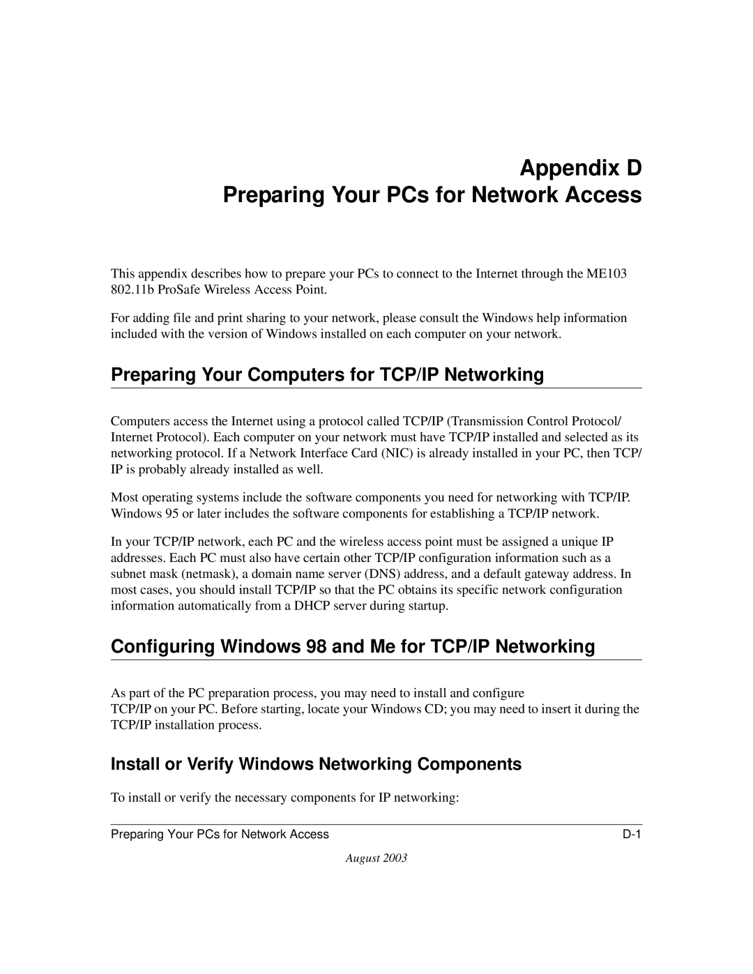 NETGEAR ME103 manual Appendix D Preparing Your PCs for Network Access, Preparing Your Computers for TCP/IP Networking 