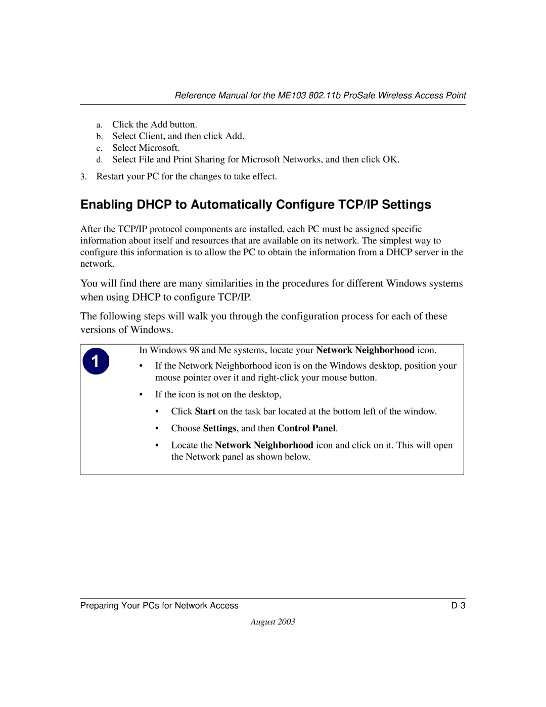 NETGEAR ME103 manual Enabling Dhcp to Automatically Configure TCP/IP Settings, Choose Settings, and then Control Panel 