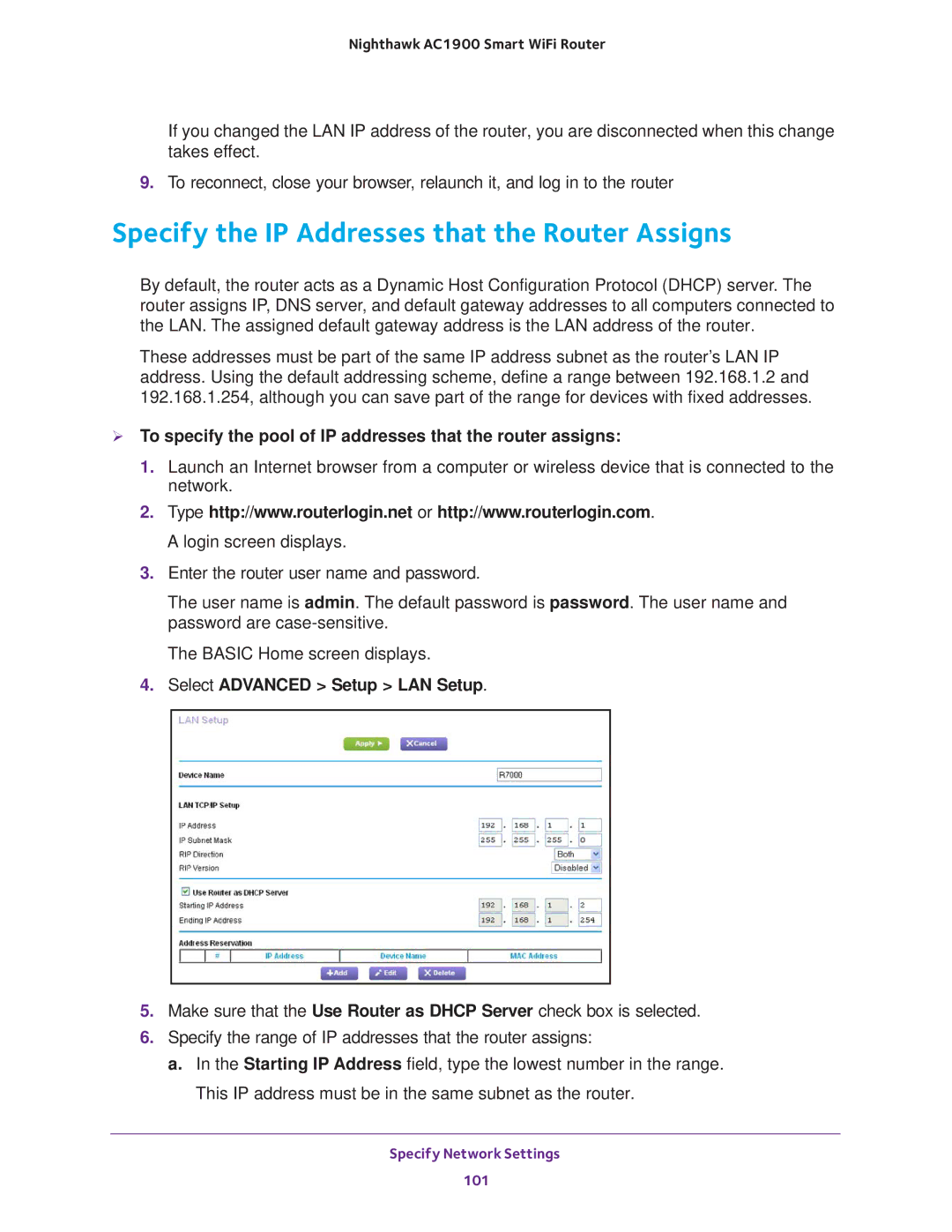 NETGEAR Model R7000 user manual Specify the IP Addresses that the Router Assigns 