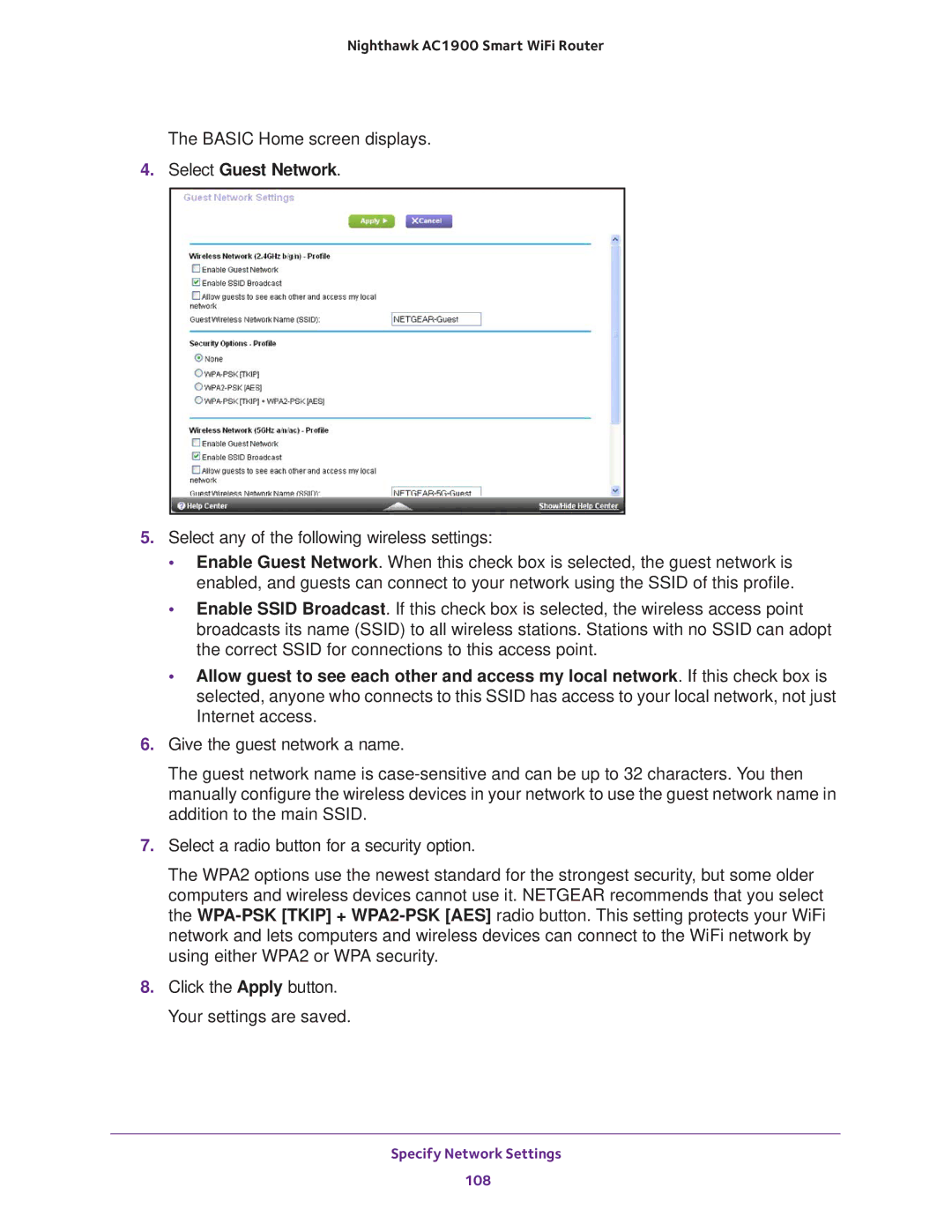 NETGEAR Model R7000 user manual Select Guest Network 