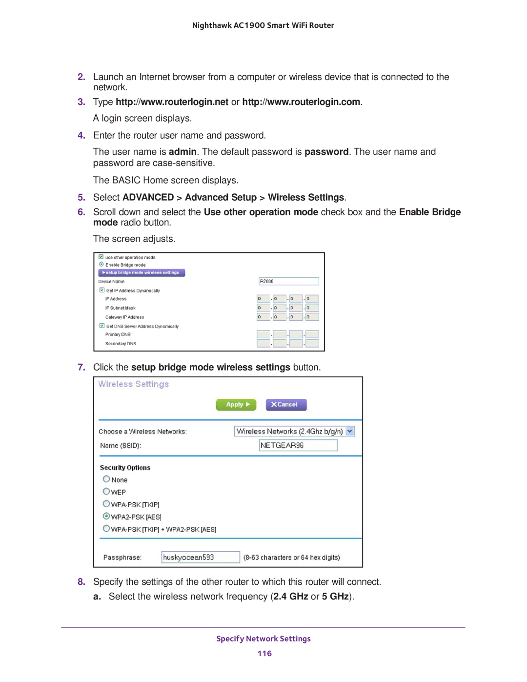 NETGEAR Model R7000 Select Advanced Advanced Setup Wireless Settings, Click the setup bridge mode wireless settings button 